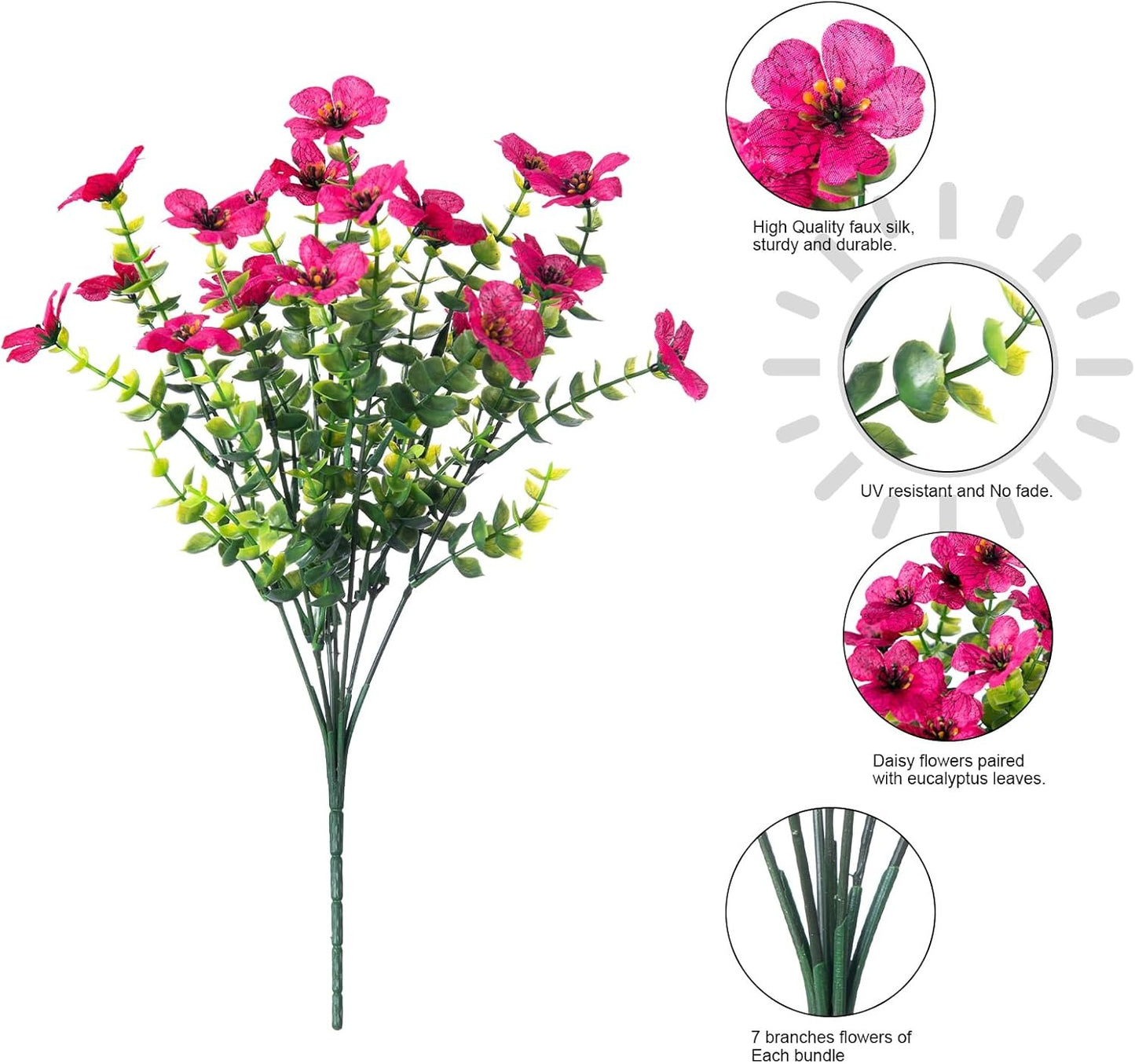 Artificial flower branch with pink flowers and green leaves, featuring UV resistance and durability on a white background.