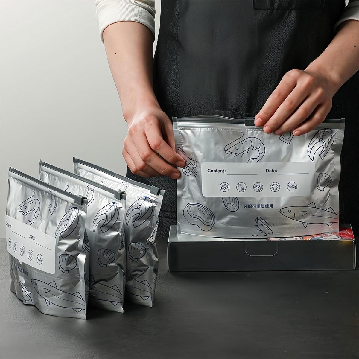 【Refrigerated Food】Reusable Aluminum Foil Sealable Storage Bags, Resealable Vacuum Zipper Pouches for Food, Stand Up Foil Sealable Bags with Label and Zip Lock for Vegetable Fruit Meat