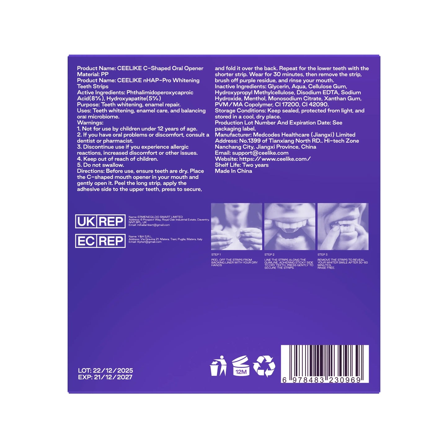 CEELIKE Purple Teeth Whitening Strips - 7/21 whitening sessions - Nano hydroxyapatite, safely protects tooth enamel - Gentle and non-sensitive - Peroxide-free
