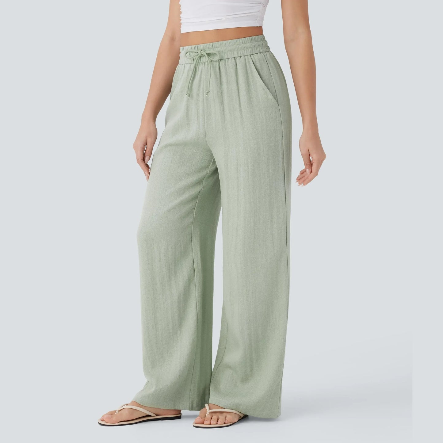 Halara High Waisted Drawstring Pocket Wide Leg Casual Linen-Feel Pants #SwimWeek
