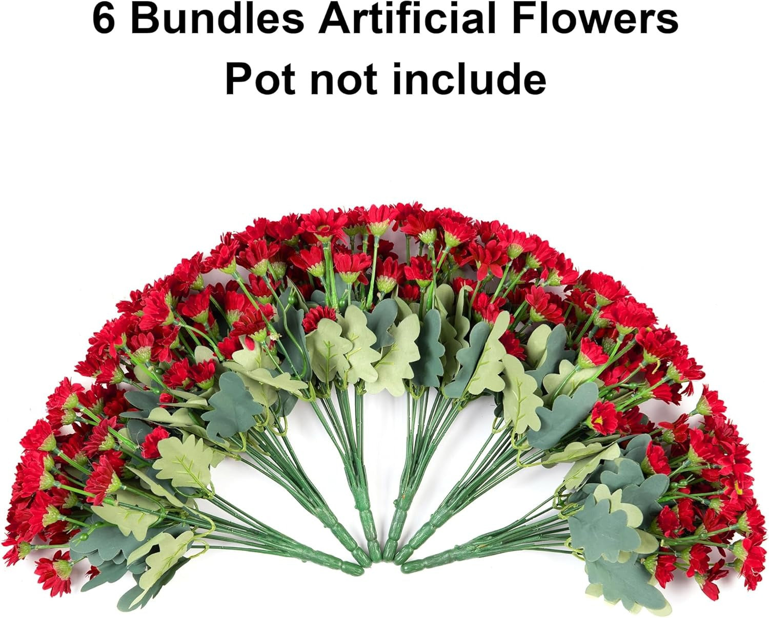 Red artificial flowers arranged in a circular pattern with green leaves on a white background.