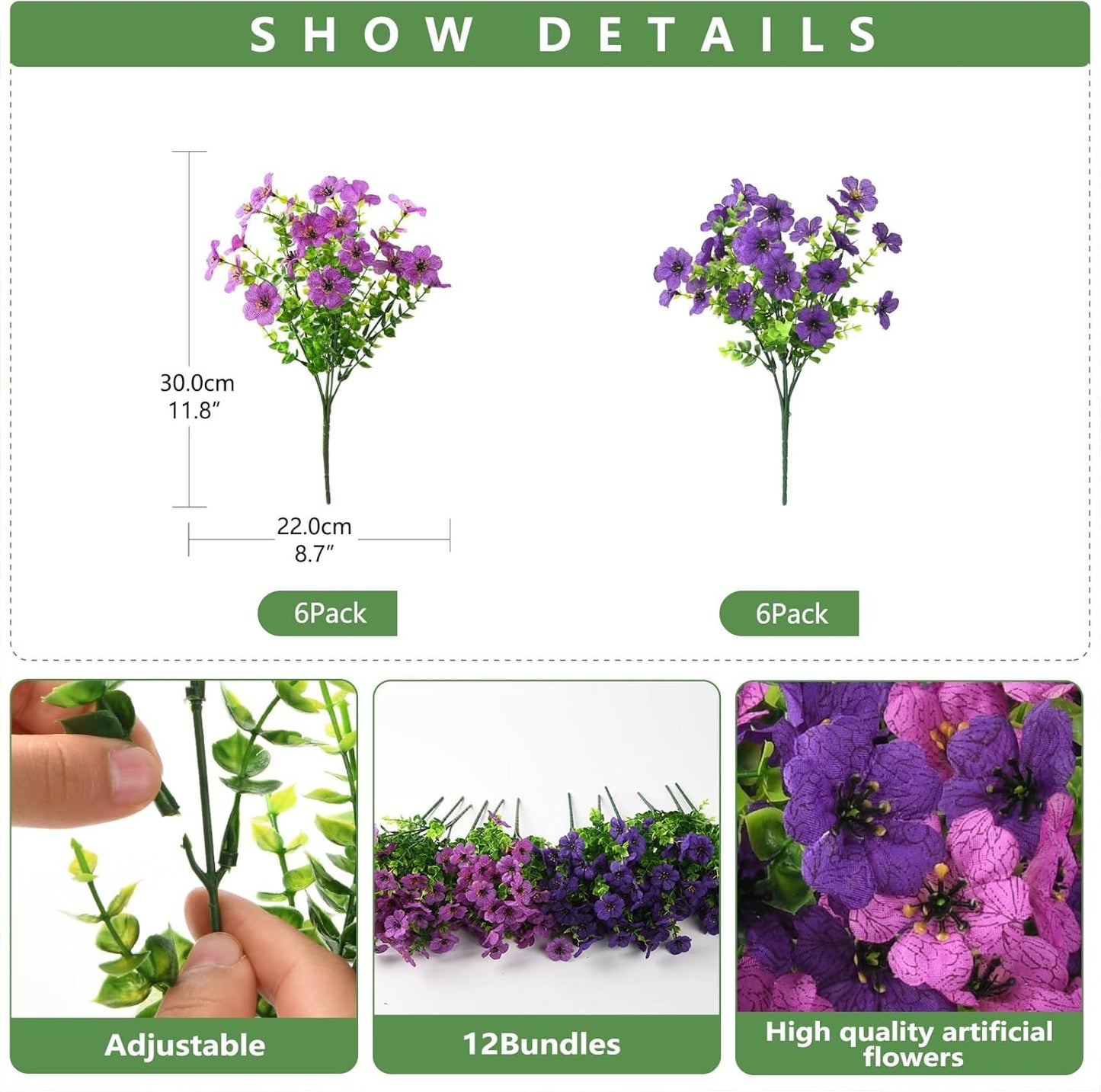 Artificial flowers with measurements and packaging details on a white background