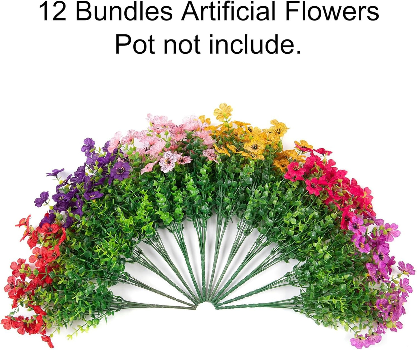 Assorted artificial flowers in a circular arrangement on a white background with text indicating they are not included with a pot.