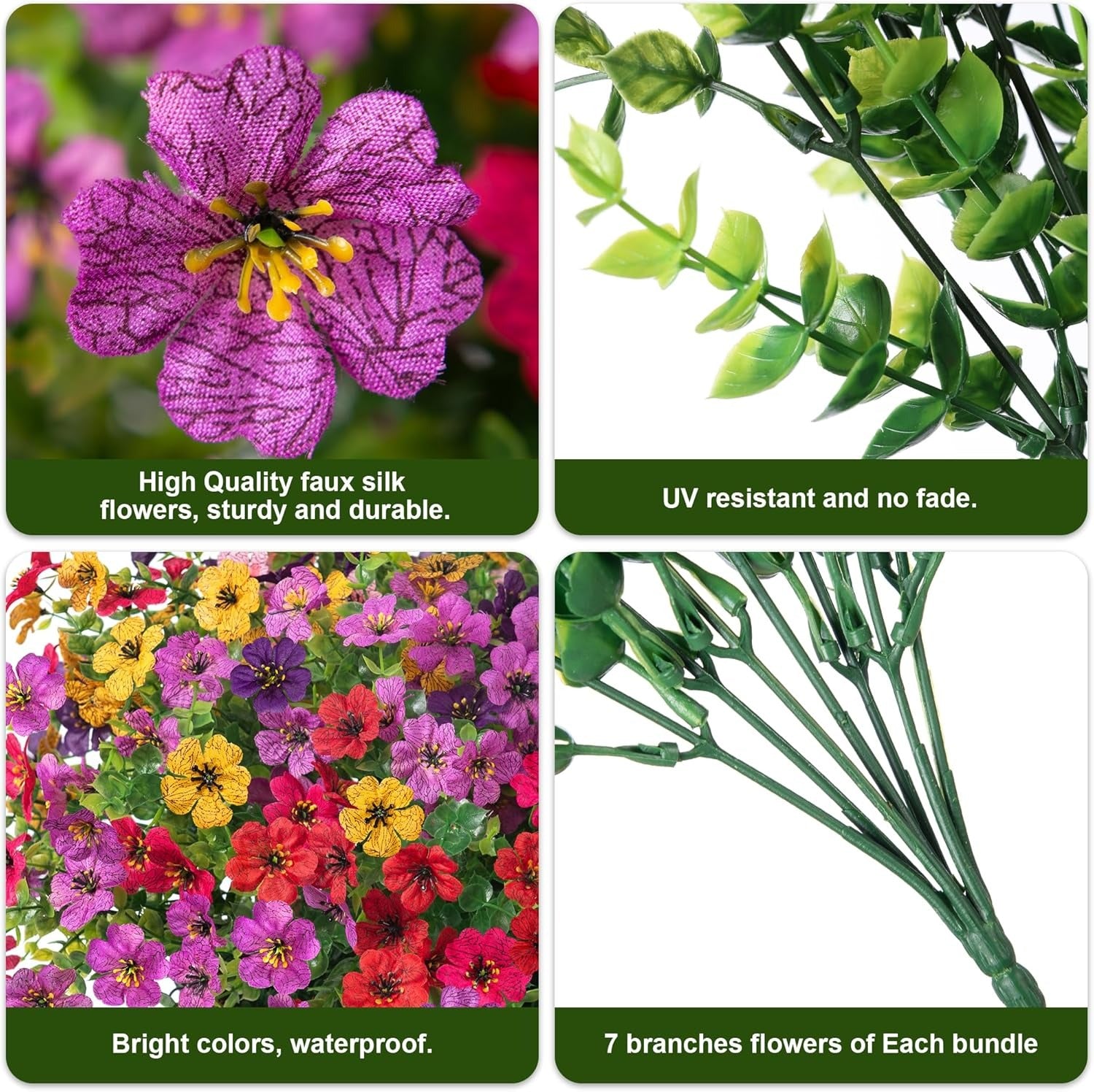 Collage of artificial flowers with text highlighting features like quality, durability, resistance, color, and branch count.