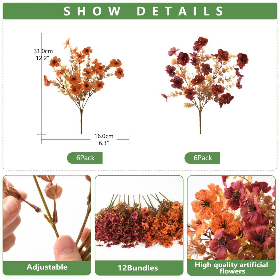 Artificial flowers with measurements and packaging details on a white background