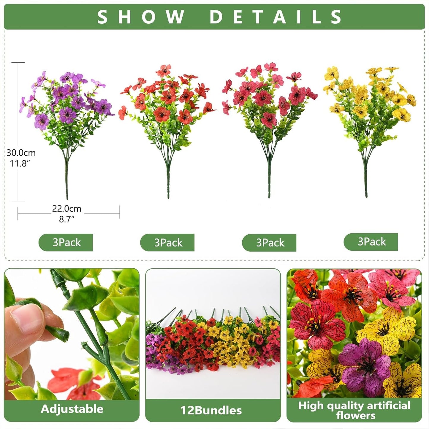 Set of artificial flowers with measurements and packaging details on a white background