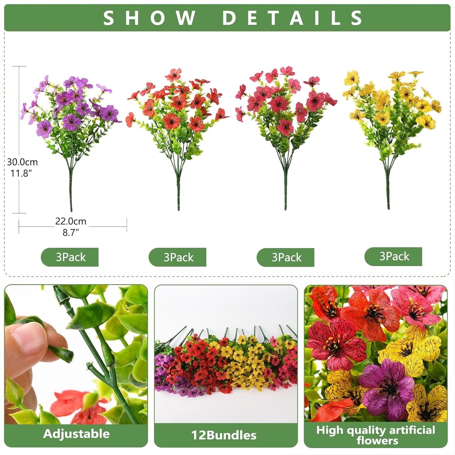 Set of artificial flowers with measurements and packaging details on a white background