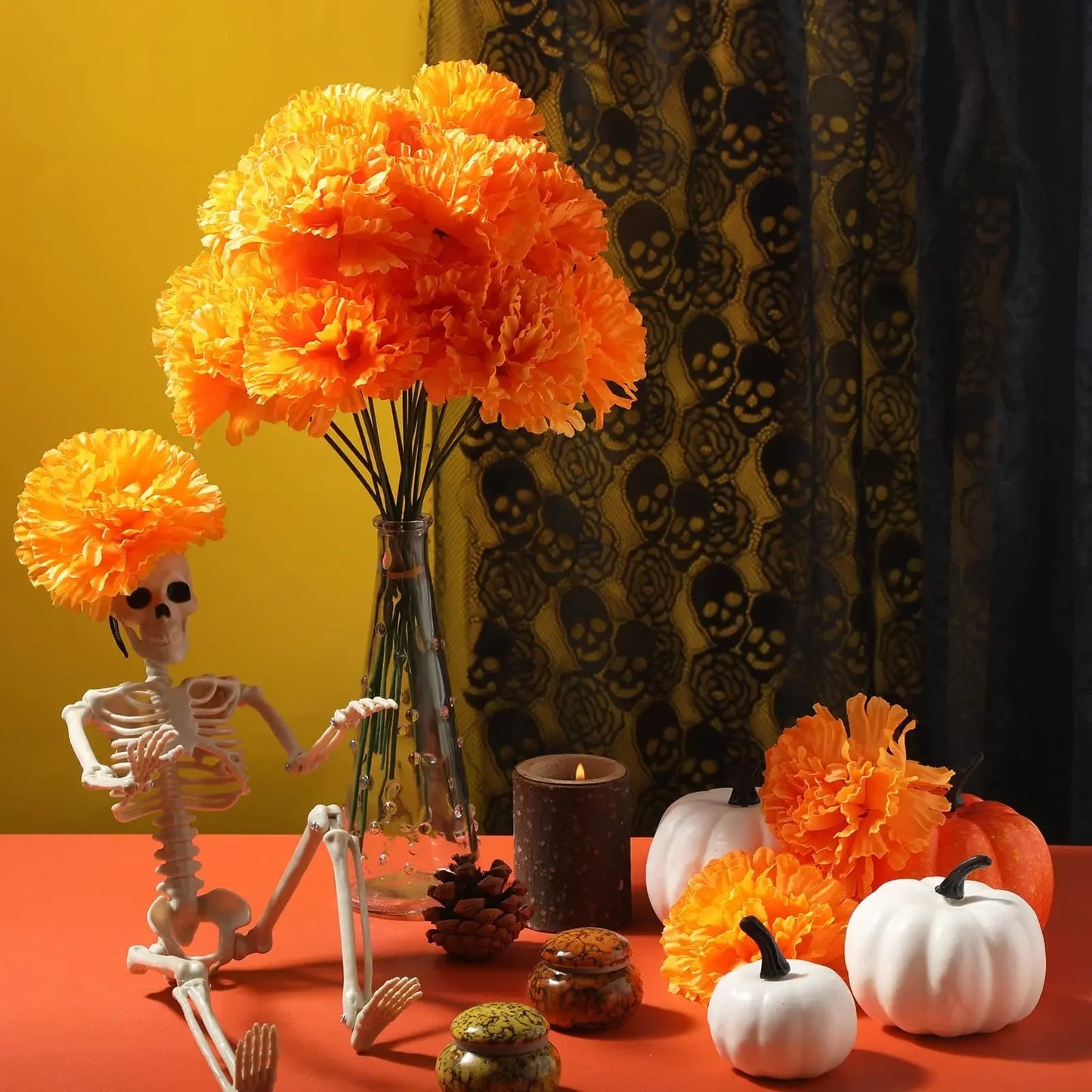 10Pcs Mexican Marigold Artificial Flowers for Day of The Dead Diwali Home DIY Craft Party Halloween Dia De Los Muertos Decor
