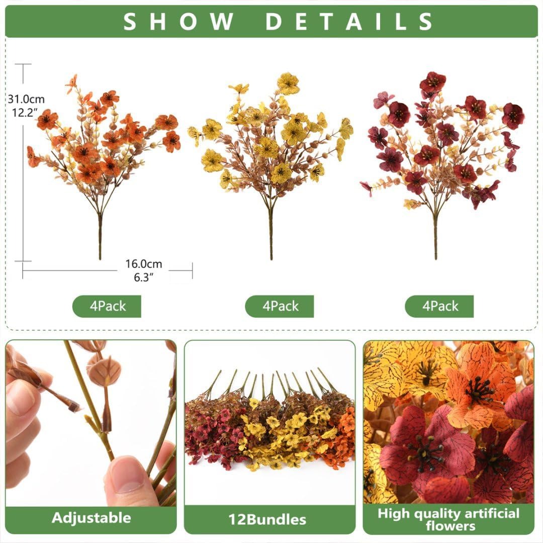 Artificial flowers with measurements and packaging details on a white background