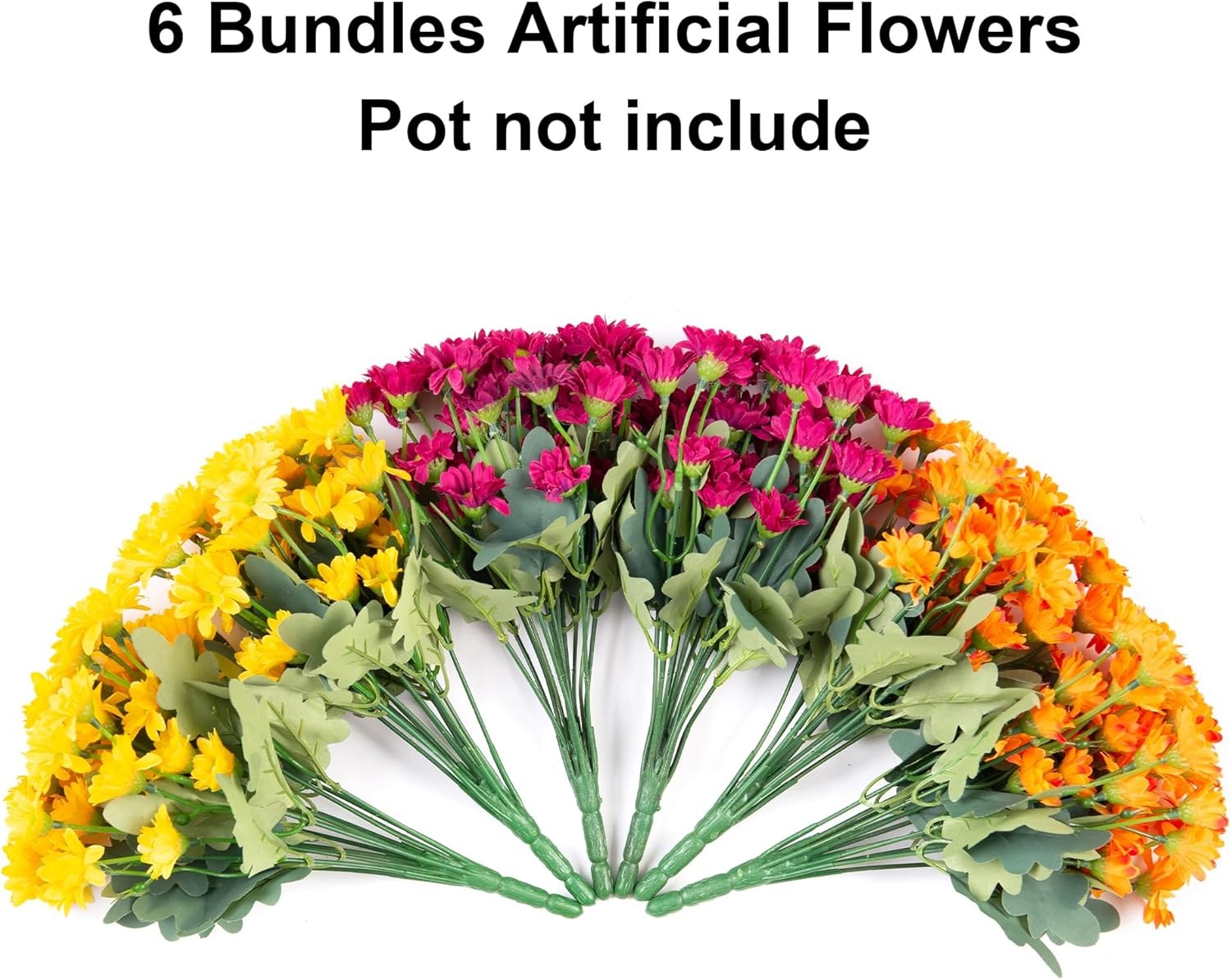 Bundles of artificial flowers in yellow, pink, and orange with text indicating they are not included with a pot.