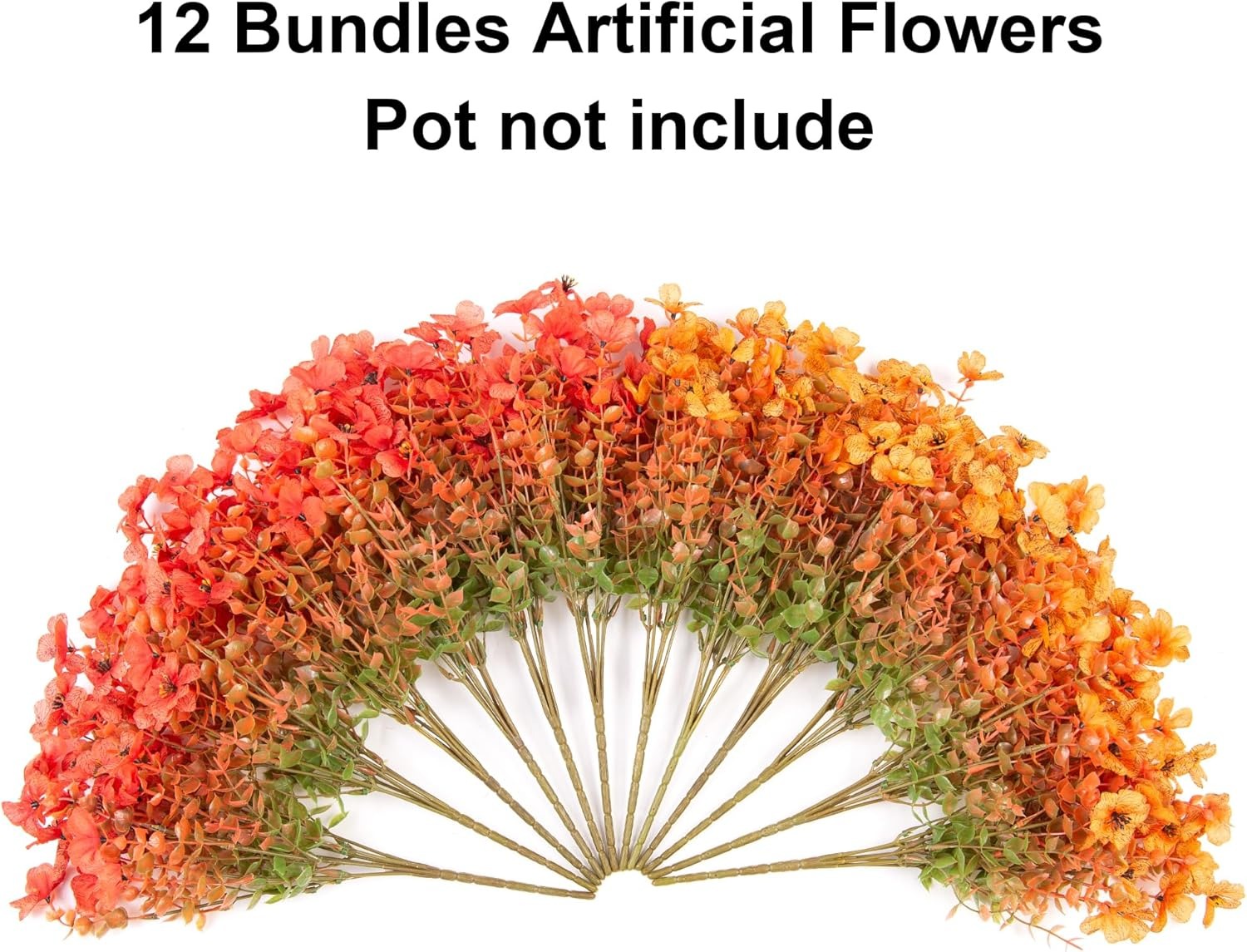 12 bundles of artificial flowers with a gradient from red to orange on a white background.