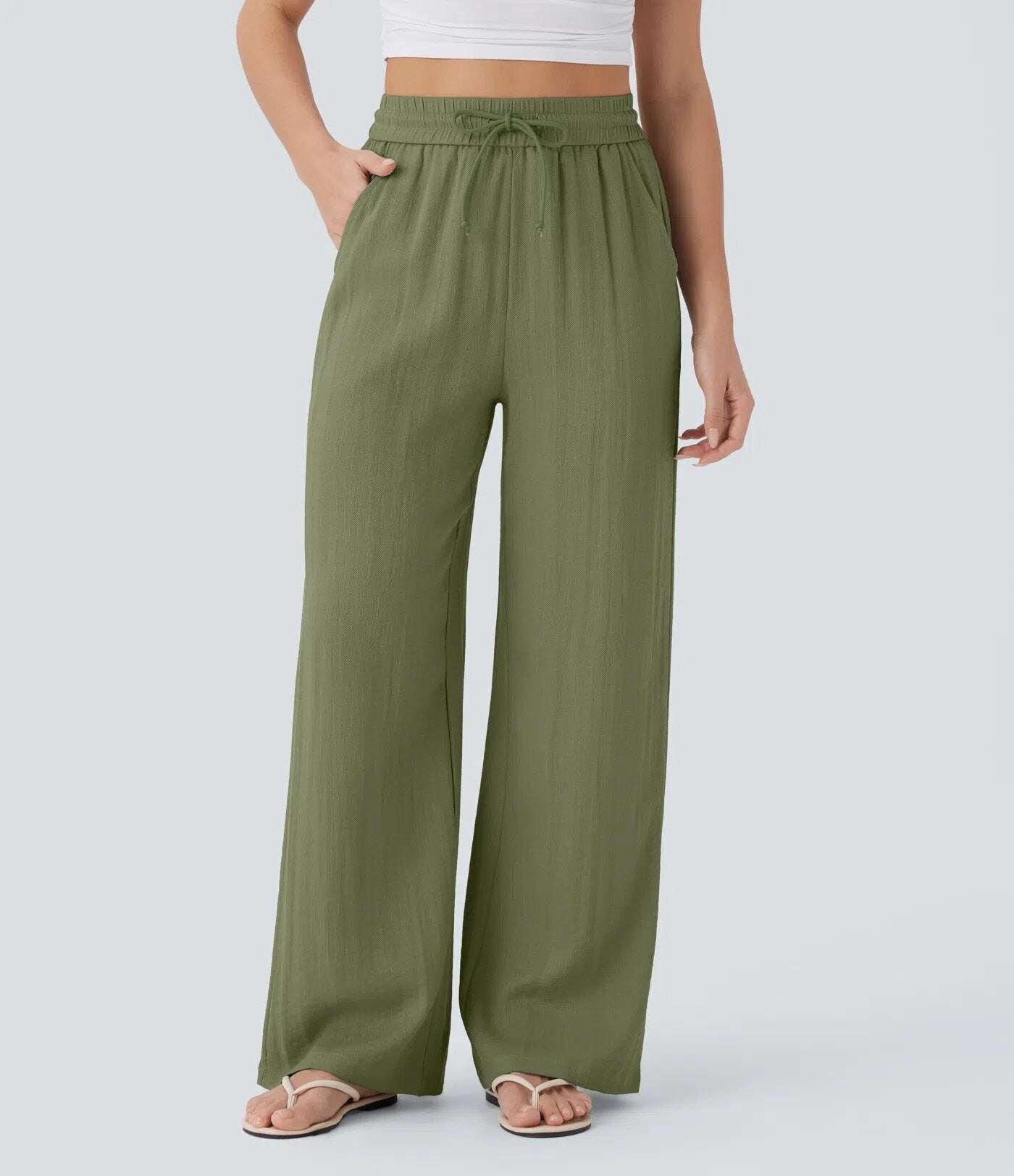 Halara High Waisted Drawstring Pocket Wide Leg Casual Linen-Feel Pants #SwimWeek