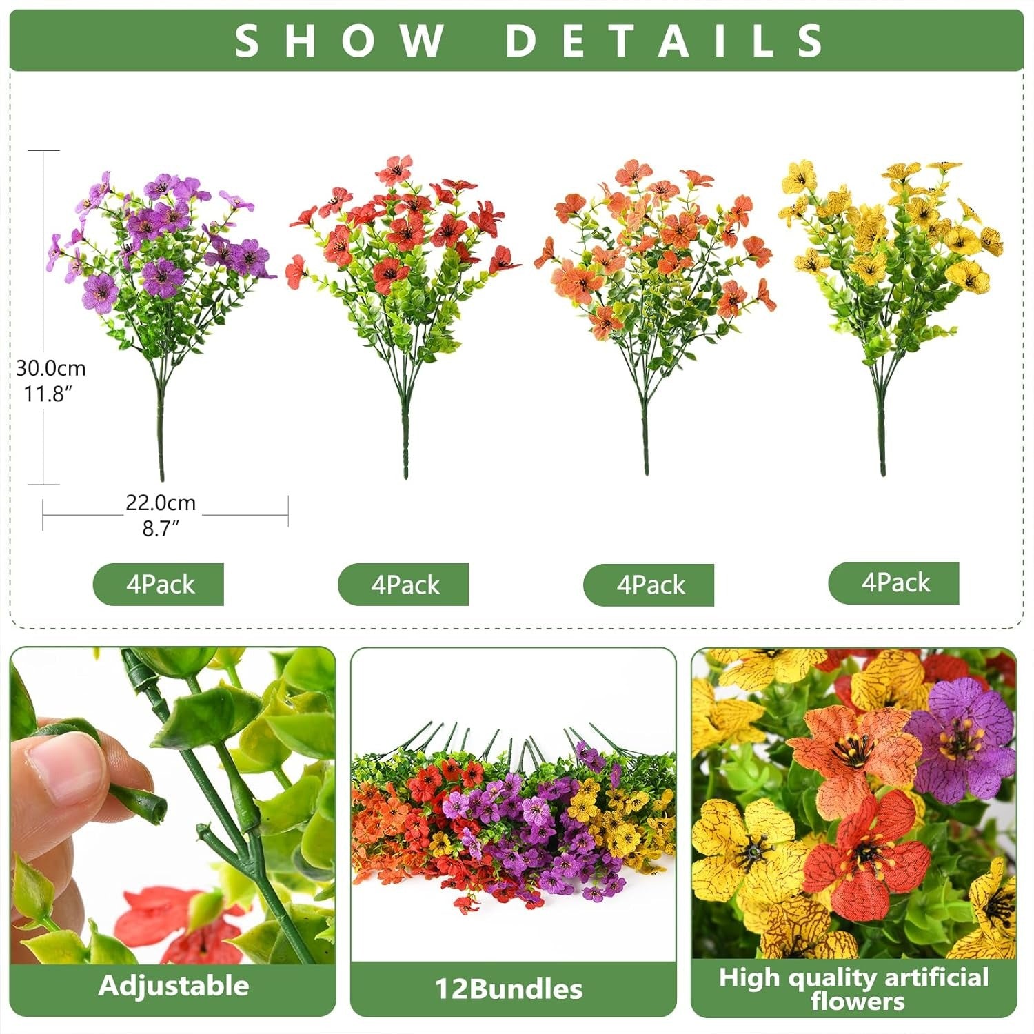 Set of artificial flowers with dimensions and packaging details on a white background