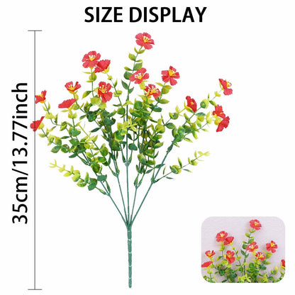Artificial flower branch with red and yellow flowers and green leaves, displayed with size measurement on a white background.