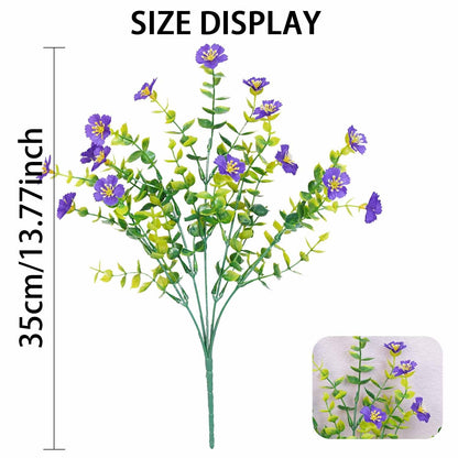 Artificial flower branch with purple flowers and green leaves, displayed with size measurement on a white background.