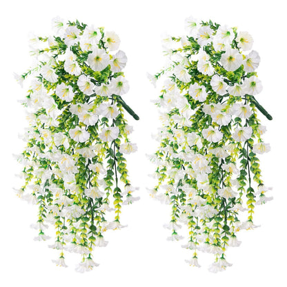 Two artificial white flower vines on a white background