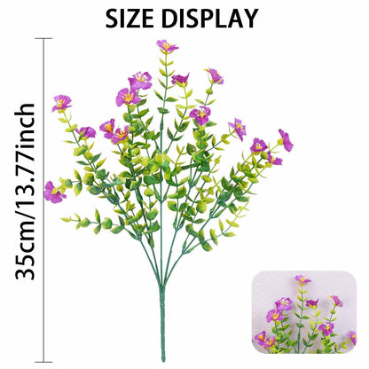 Artificial plant with purple flowers and green leaves, displayed with size measurement on a white background.