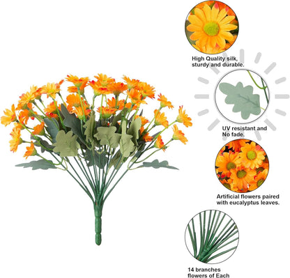 Bouquet of artificial orange flowers with eucalyptus leaves on a white background, featuring quality and durability text.