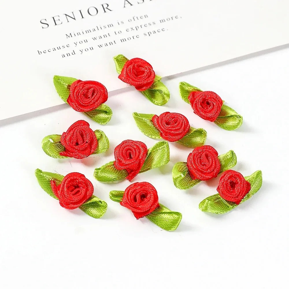 50/100PCS Mini Handmade Rose Flower Satin Ribbon Rosettes Fabric Appliques For DIY Wedding Decoration Craft Sewing Accessories