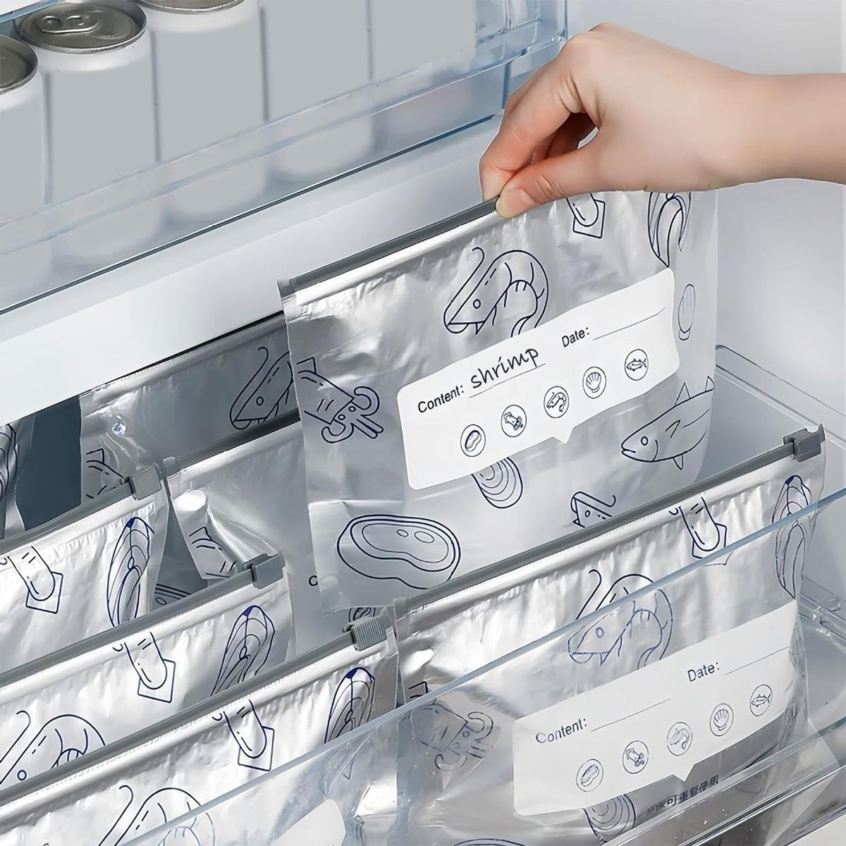 【Refrigerated Food】Reusable Aluminum Foil Sealable Storage Bags, Resealable Vacuum Zipper Pouches for Food, Stand Up Foil Sealable Bags with Label and Zip Lock for Vegetable Fruit Meat