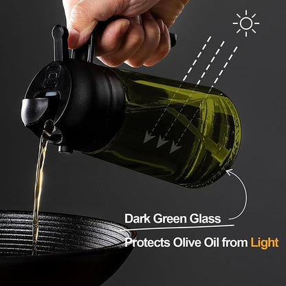 2 Count 2 in 1  Oil Sprayer for Cooking 16oz/470ml Light-Blocking Dark , Olive Oil Dispenser Bottle for Kitchen, Premium Dark Green Glass Oil Bottle, Food-Grade Oil Mister for Air Fryer, BBQ