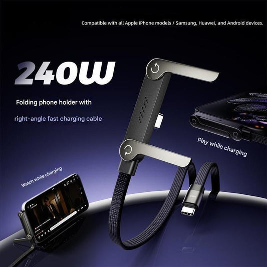 Invisible Holder Charging Cable, 1.5m Length 240W Super Fast Charging 2-in-1 Charging Cord & Phone Stand, Suitable for Gaming, Office and Travel Scenarios, Compatible,iPhone, Samsung&Type-C Interface Devices, Black Version lightning Black Data Cable