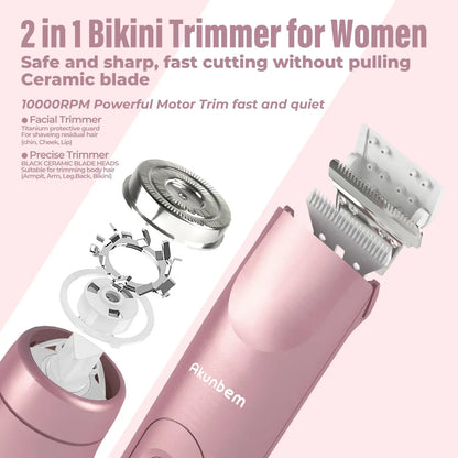 Bikini Trimmer for Women, Electric Shaver and Razor Rechargeable 2-in-1 Body and Facial Epilator