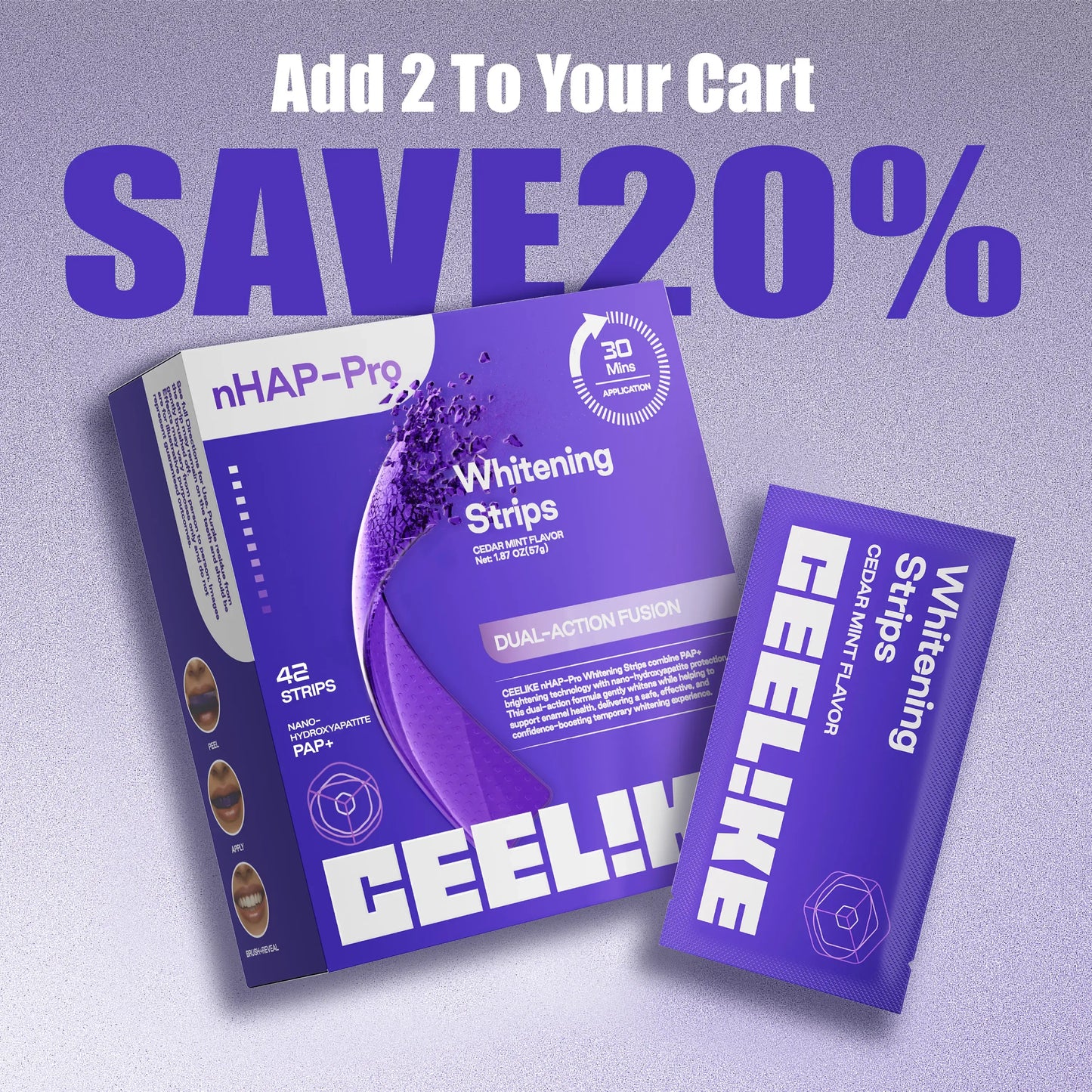 CEELIKE Purple Teeth Whitening Strips - 7/21 whitening sessions - Nano hydroxyapatite, safely protects tooth enamel - Gentle and non-sensitive - Peroxide-free