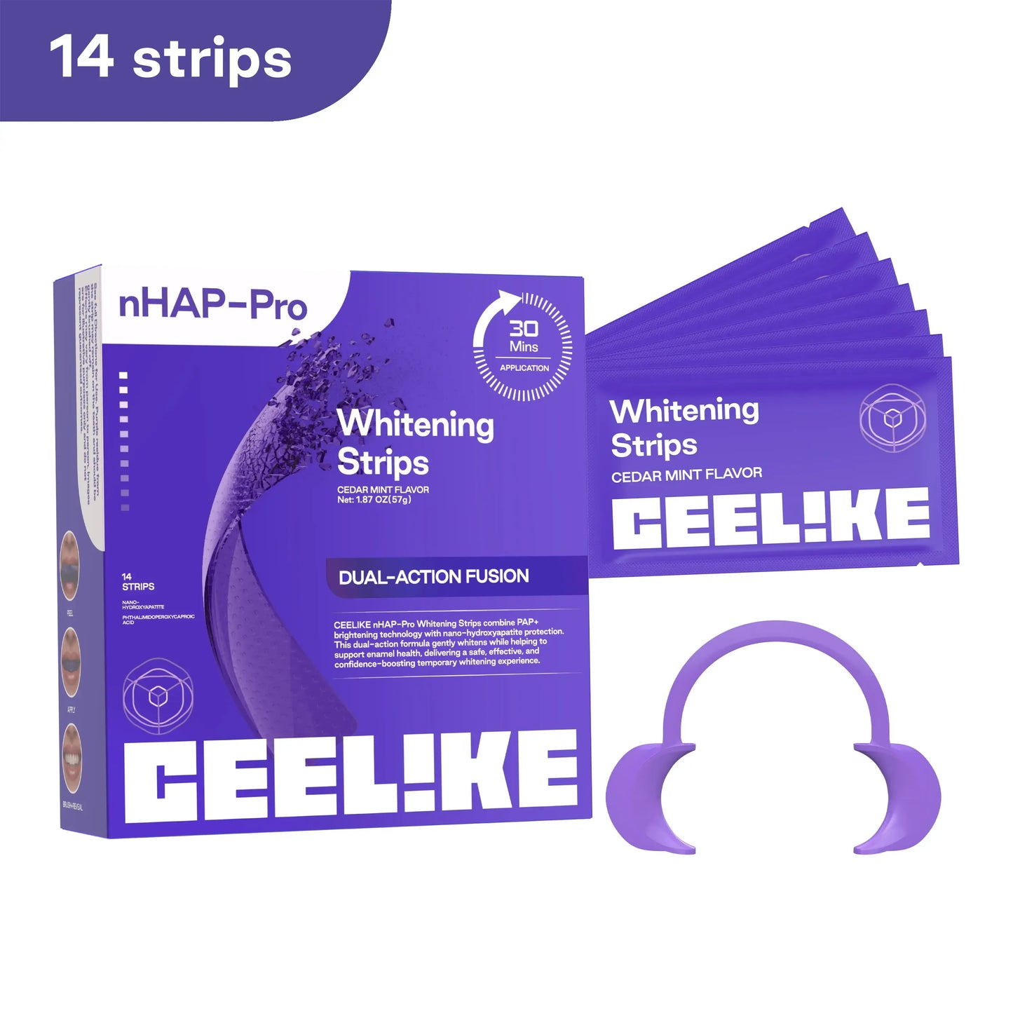 CEELIKE Purple Teeth Whitening Strips - 7/21 whitening sessions - Nano hydroxyapatite, safely protects tooth enamel - Gentle and non-sensitive - Peroxide-free