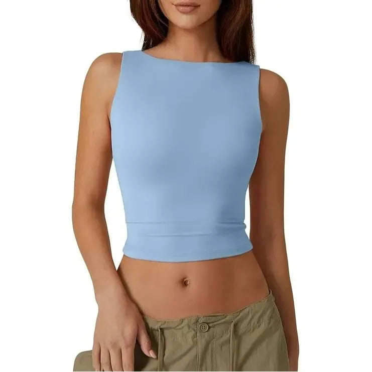 Women's Sexy Open Back Sleeveless Crop Tank High Neck Slim Fit Cropped Tee Shirt Y2k Tops Comfort Fabric