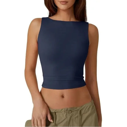 Women's Sexy Open Back Sleeveless Crop Tank High Neck Slim Fit Cropped Tee Shirt Y2k Tops Comfort Fabric