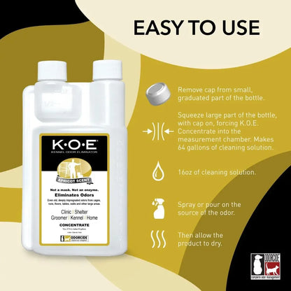 K.O.E. 16oz Concentrate - Kennel Odor Eliminator - Non-Enzymatic Formula, KOE, Apricot, Fresh, Original Scent, 16 oz Pint