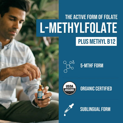 L- Methylfolate 15mg + B12 Pro Strength, Liquid 5-MTHF Form, Supports Mood, Methylation, & Cognition Supplement Energy Levels Vitamin Methylcobalamin