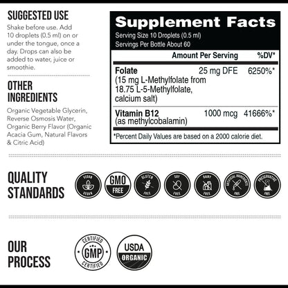 L- Methylfolate 15mg + B12 Pro Strength, Liquid 5-MTHF Form, Supports Mood, Methylation, & Cognition Supplement Energy Levels Vitamin Methylcobalamin