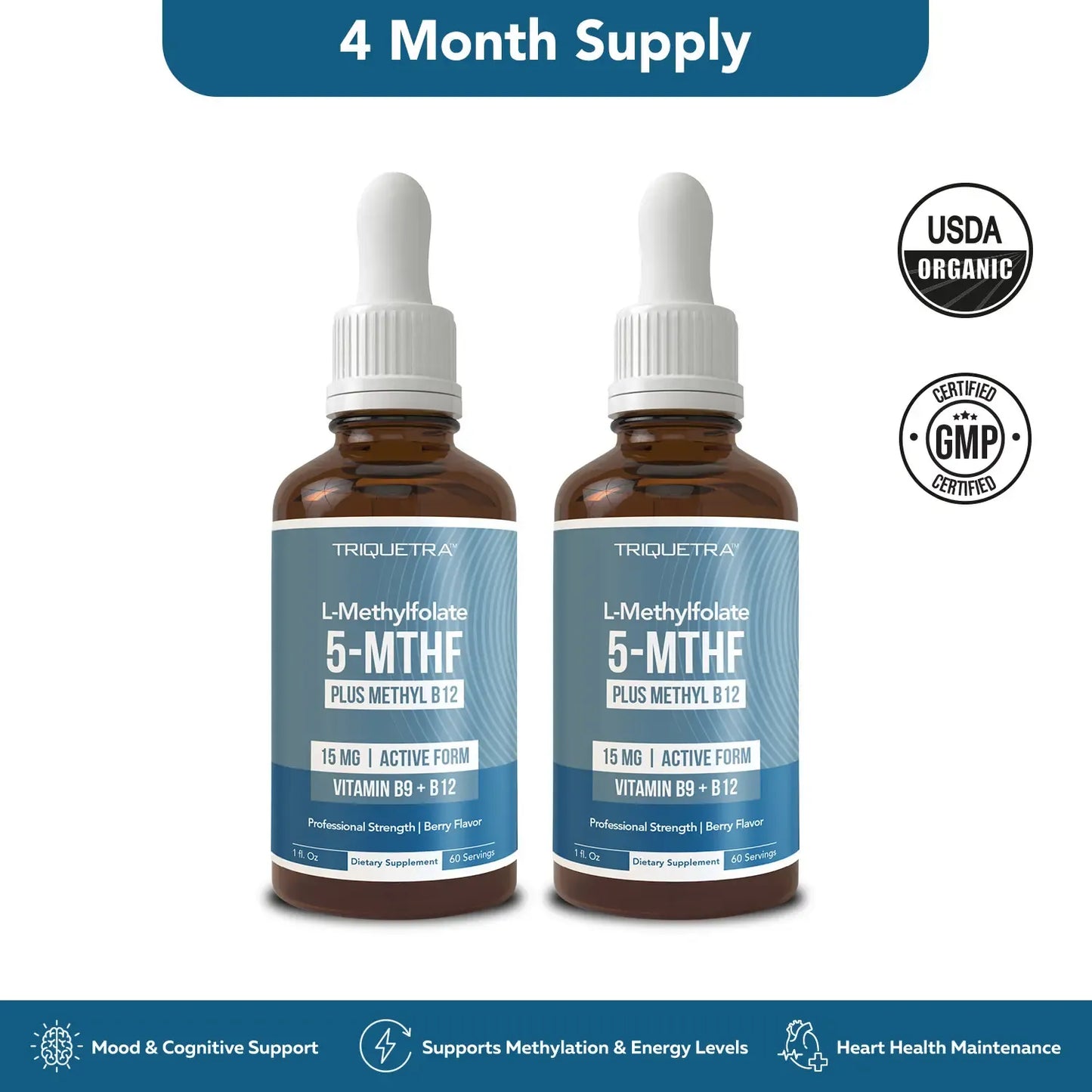 L- Methylfolate 15mg + B12 Pro Strength, Liquid 5-MTHF Form, Supports Mood, Methylation, & Cognition Supplement Energy Levels Vitamin Methylcobalamin