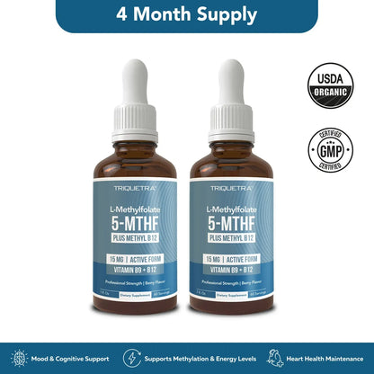L- Methylfolate 15mg + B12 Pro Strength, Liquid 5-MTHF Form, Supports Mood, Methylation, & Cognition Supplement Energy Levels Vitamin Methylcobalamin