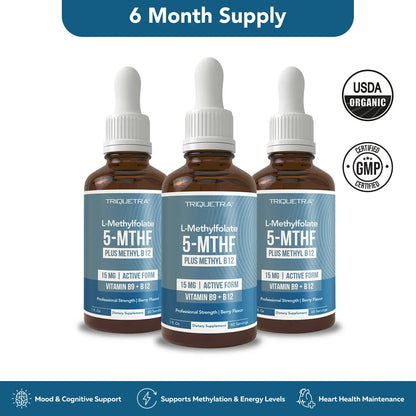 L- Methylfolate 15mg + B12 Pro Strength, Liquid 5-MTHF Form, Supports Mood, Methylation, & Cognition Supplement Energy Levels Vitamin Methylcobalamin