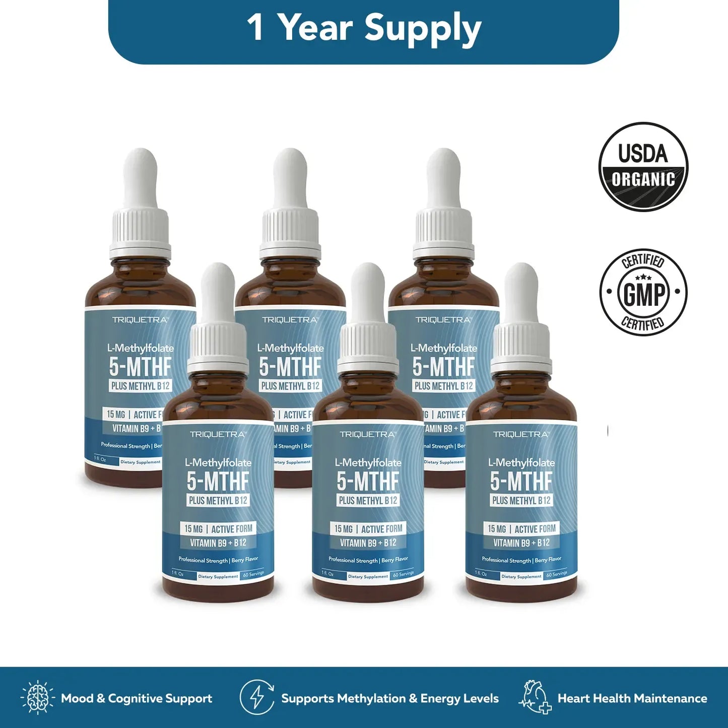 L- Methylfolate 15mg + B12 Pro Strength, Liquid 5-MTHF Form, Supports Mood, Methylation, & Cognition Supplement Energy Levels Vitamin Methylcobalamin