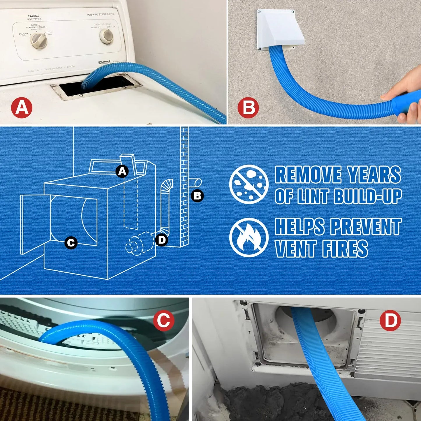 Sealegend Dryer Vent Cleaner kit Dryer Vacuum Hose Attachment with Stretch Universal Connector, Dryer Vent Cleaning Tool Vacuum Hose Lint Remover, Blue