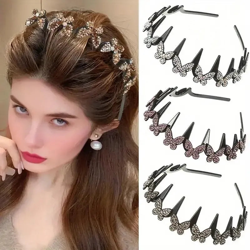Wavy Crystal Headband Set, Plain Unisex Hair Accessory, Lightweight Wave-Shape Band with Sparkling Crystal Accents, Non-Slip Secure Grip, Ideal for Weddings & Everyday Wear,summervibes