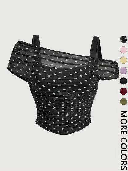 Women's Asymmetric Neckline Ruched Crop Top, Trendy Womenswear Mesh Top for Club, Date Night & Vacation
