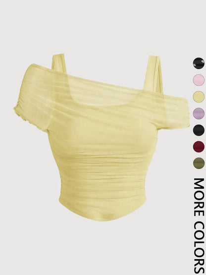 Women's Asymmetric Neckline Ruched Crop Top, Trendy Womenswear Mesh Top for Club, Date Night & Vacation