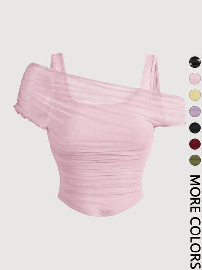 Women's Asymmetric Neckline Ruched Crop Top, Trendy Womenswear Mesh Top for Club, Date Night & Vacation