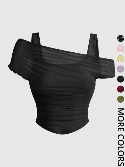 Women's Asymmetric Neckline Ruched Crop Top, Trendy Womenswear Mesh Top for Club, Date Night & Vacation