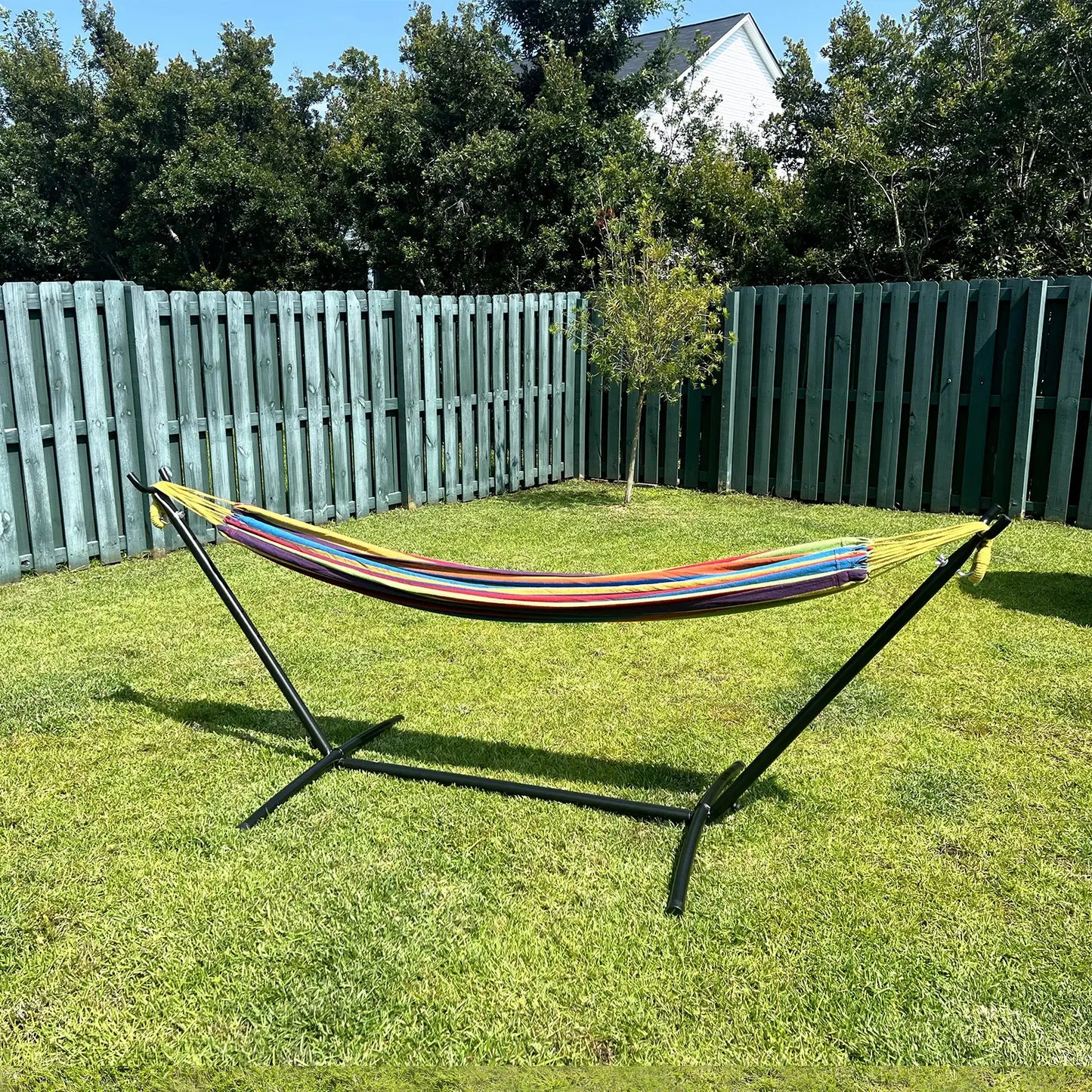 SummerVibes Hammock with Stand Included 450lb Capacity Steel Stand, Premium Carry Bag Included and Two Anti Roll Balance Beam