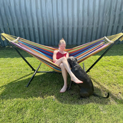 SummerVibes Hammock with Stand Included 450lb Capacity Steel Stand, Premium Carry Bag Included and Two Anti Roll Balance Beam