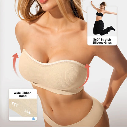 ZOE Stay Put Bandeau Bra, Strapless Bra Wireless Seamless Comfort Day