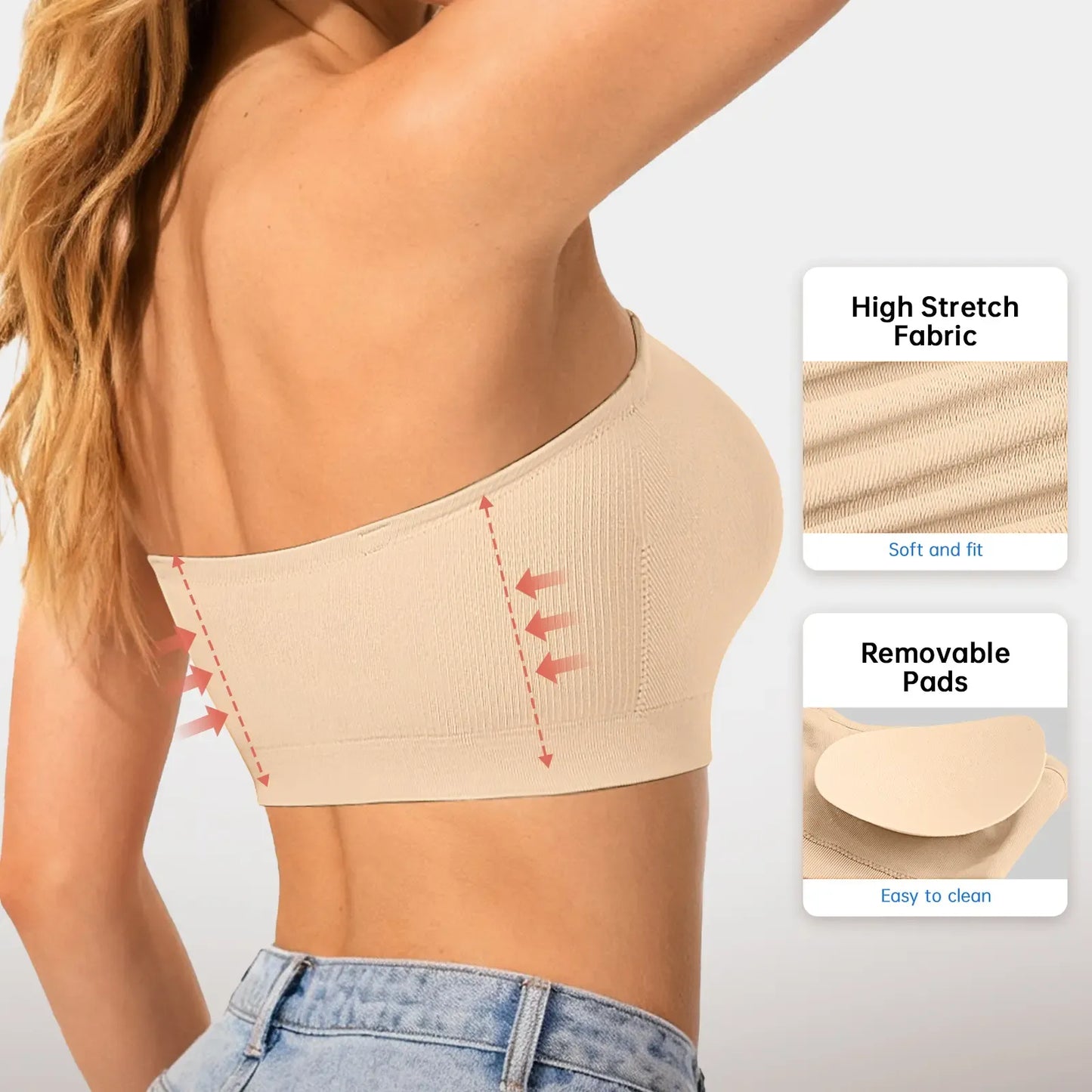 ZOE Stay Put Bandeau Bra, Strapless Bra Wireless Seamless Comfort Day