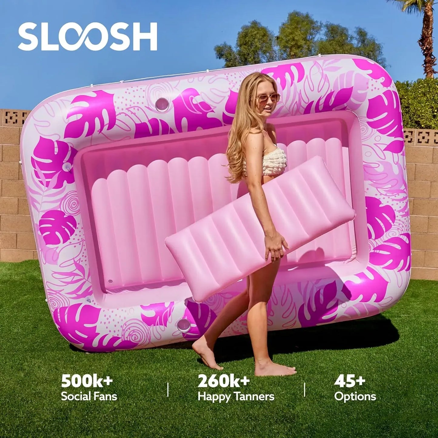 Sloosh-L/XL Inflatable Tanning Pool Lounge Float With Cup Holder, 70“X46”/85″ x 57″ Extra Large Pool Floats Adult with Pillow, 4 in 1 Suntan Tub Raft Floatie, Sunbathing Bed Lounge for Water Blow Up Kids Ball Pit Party Gifts, inflatable Sofa Summervibes