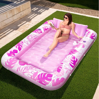 Sloosh-L/XL Inflatable Tanning Pool Lounge Float With Cup Holder, 70“X46”/85″ x 57″ Extra Large Pool Floats Adult with Pillow, 4 in 1 Suntan Tub Raft Floatie, Sunbathing Bed Lounge for Water Blow Up Kids Ball Pit Party Gifts, inflatable Sofa Summervibes